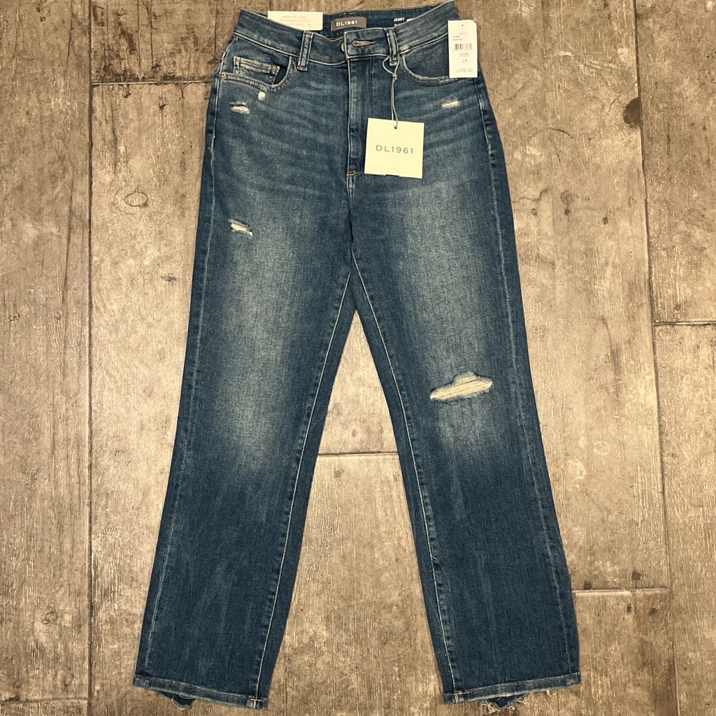 Dl1961 High Rise Vintage Straight Leg Blue Denim Jeans With Distressed Details